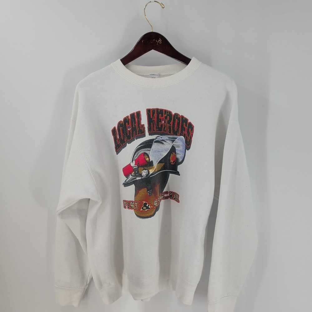Vtg 90's‎ Local Heroes Fire & Rescue Graphic Pullover Sweatshirt White Size XL